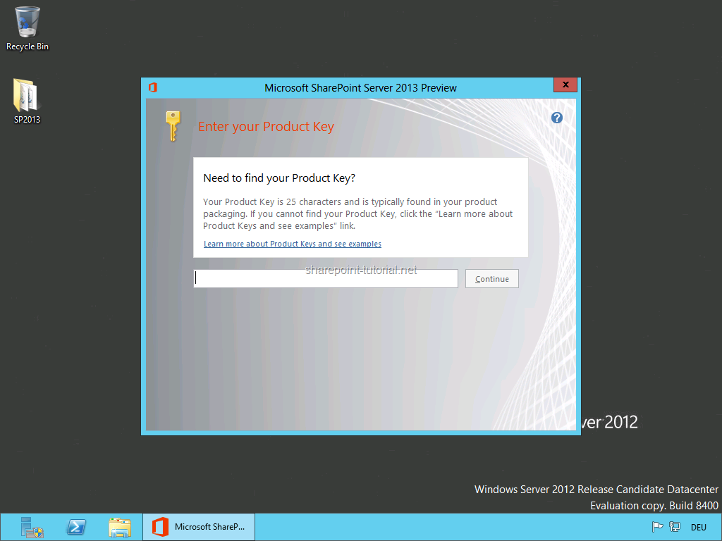 Enter the product key to start the SharePoint 2013 installation.
