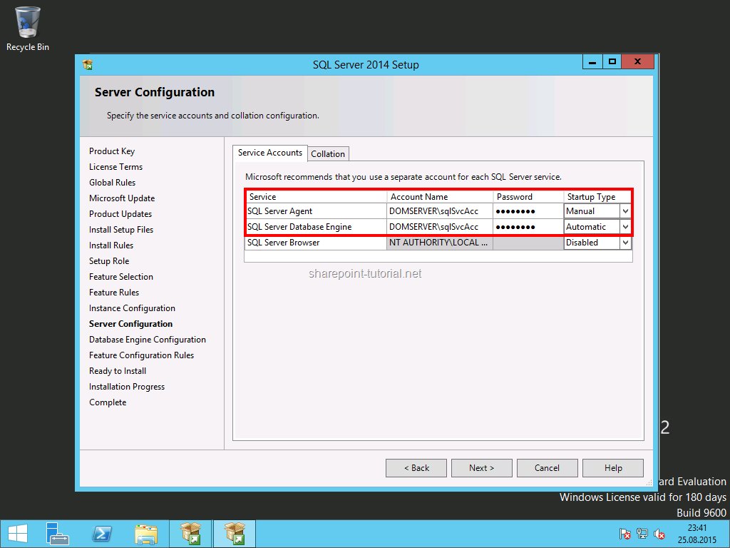 Enter the SQL Server service account plus password and keep the collation settings.