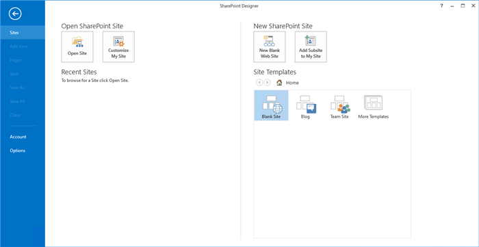 SharePoint Designer starting screen showing what SharePoint Designer does.